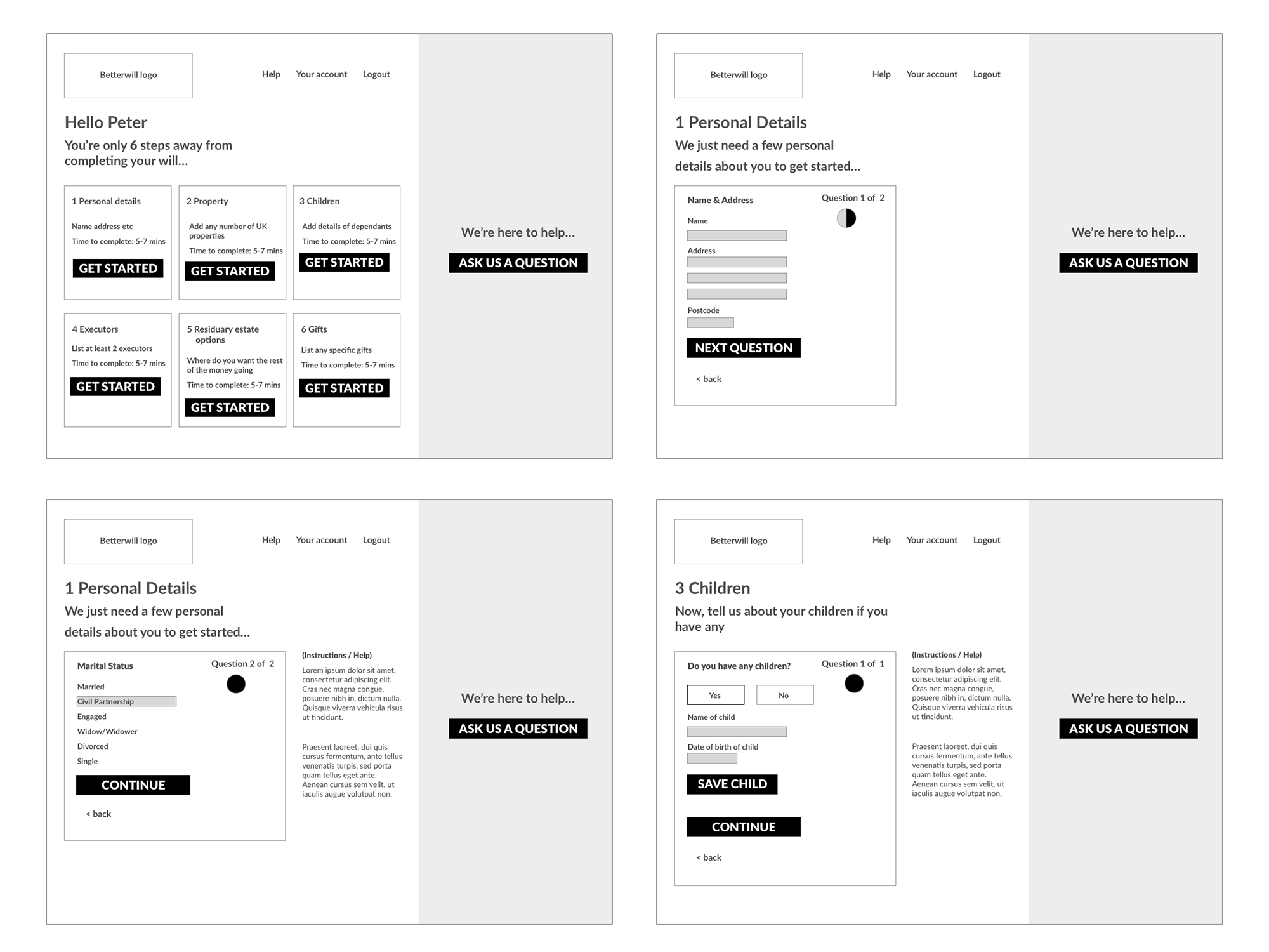 Betterwill customer dashboard wireframes